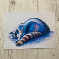 Raccoon Watercolor Print, Whimsical Watercolor Poster, Raccoon Art, Cottagecore Decor, Galaxy Raccoon Art, A4 Print
