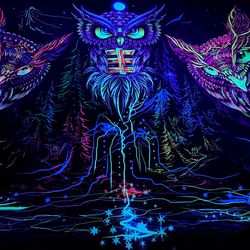 Art Psychedelic tapestry Wall gobelin "Owls Horizont" UV active Owl Art Fluorescent Home decor  Wall painting