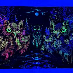 Home decor Wall Art 'Owls DreamCatchers' Visionary tapestry Blacklight active Psychedelic tapestry Party decor Trippy