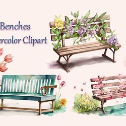spring benches watercolor clipart