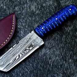 Full Tang Skinning Hunting Knife, Hand Forged Damascus Blade with Leather Sheath