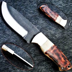 Carbon File Steel Fixed Blade Skinning Camping Knife Hand Forged with Cover