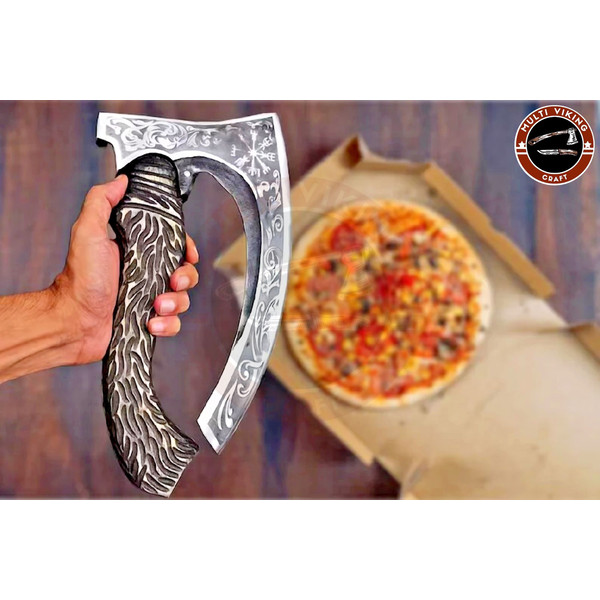 Custom Handmade Pizza Cutter Viking Axe, Viking Bearded Axe, Hand Forged Axe, Pizza Slicer, Pizza Knife, Pizza Knife Rocker.jpg