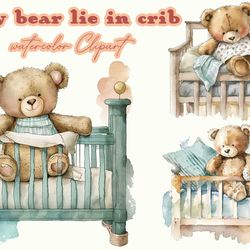 Teddy Bear Lie In Crib Watercolor Clipart