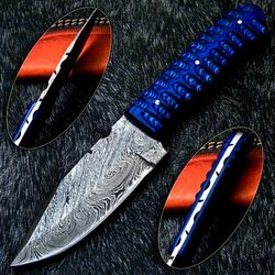 Full Tang Skinning Hunting Knife, Hand Made Damascus Steel with Leather Cover