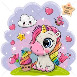 Cute Cartoon Unicorn PNG, clipart, Sublimation Design, Children printable, Flowers, Clip art