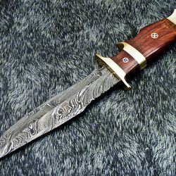Hand Forged Damascus Full Tang Bowie Hunting Knife with Leather Cover