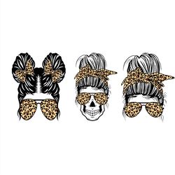 leopard pattern messy bun girl woman skull bundle png sublimation designs