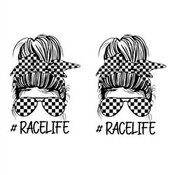 messy bun racing woman svg, messy bun race life svg png