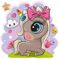 Cute Cartoon Unicorn PNG, clipart, Sublimation Design, Children printable, Flowers, Clip art
