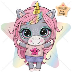 Cute Cartoon Unicorn PNG, clipart, Sublimation Design, Children printable, Star, Clip art