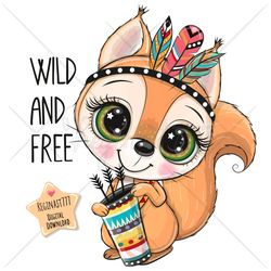 Cute Cartoon Squirrel PNG clipart, Wild, Tribal, Sublimation Design, Digital clip art