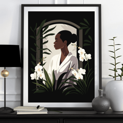 Black girl with white orchids, bathroom art, tropical leaves and flowers printable poster, melanin art, black woman art,