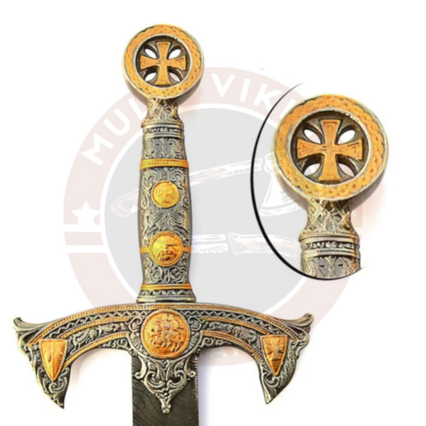 Knights Templar Medieval King Arthur Historical Sword With Leather Sheathcover, Ceremonial Sword, Hand Forged Damascus Steel Viking Sword (1).jpg