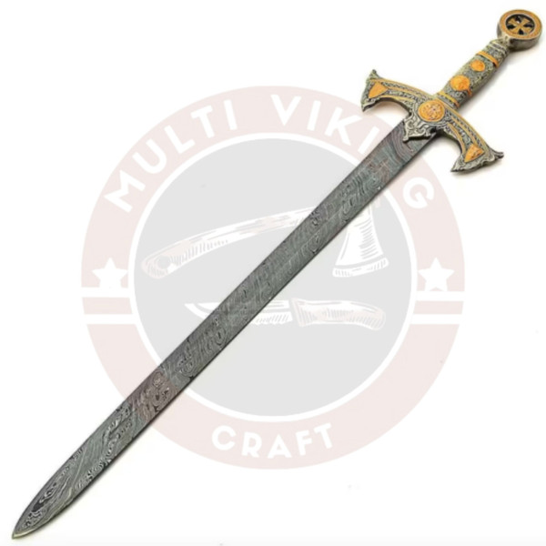 Knights Templar Medieval King Arthur Historical Sword With Leather Sheathcover, Ceremonial Sword, Hand Forged Damascus Steel Viking Sword (4).jpg