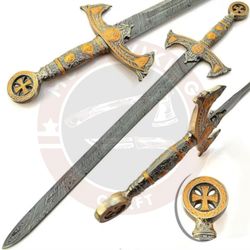 Knights Templar Medieval King Arthur Historical Sword With Leather Sheath/cover, Ceremonial Sword, Hand Forged Damascus