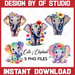 5 png files flower baby elephant sublimation clipart, designs of baby elephants, digital download