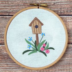 Birdhouse embroidery pattern and tutorial Modern embroidery Spring embroidery pattern Step by step embroidery  beginners