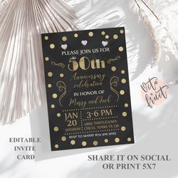 50th Wedding Anniversary Celebration Invitation, Gold, Anniversary Invite, Anniversary Celebration Printable