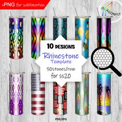 Bundle/ Rhinestone Tumbler Template 50 stones_row for ss20  / 10 seamless designs / Sublimation PNG-files included