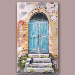 Beautiful turquoise Door in an old Brick Wall Black Cat on the steps Original Pastel painting Cityscape Wall Art