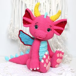 Crochet pattern pink dragon PDF in English Stuffed Dragon DIY Dinosaur amigurumi toy crochet tutorial