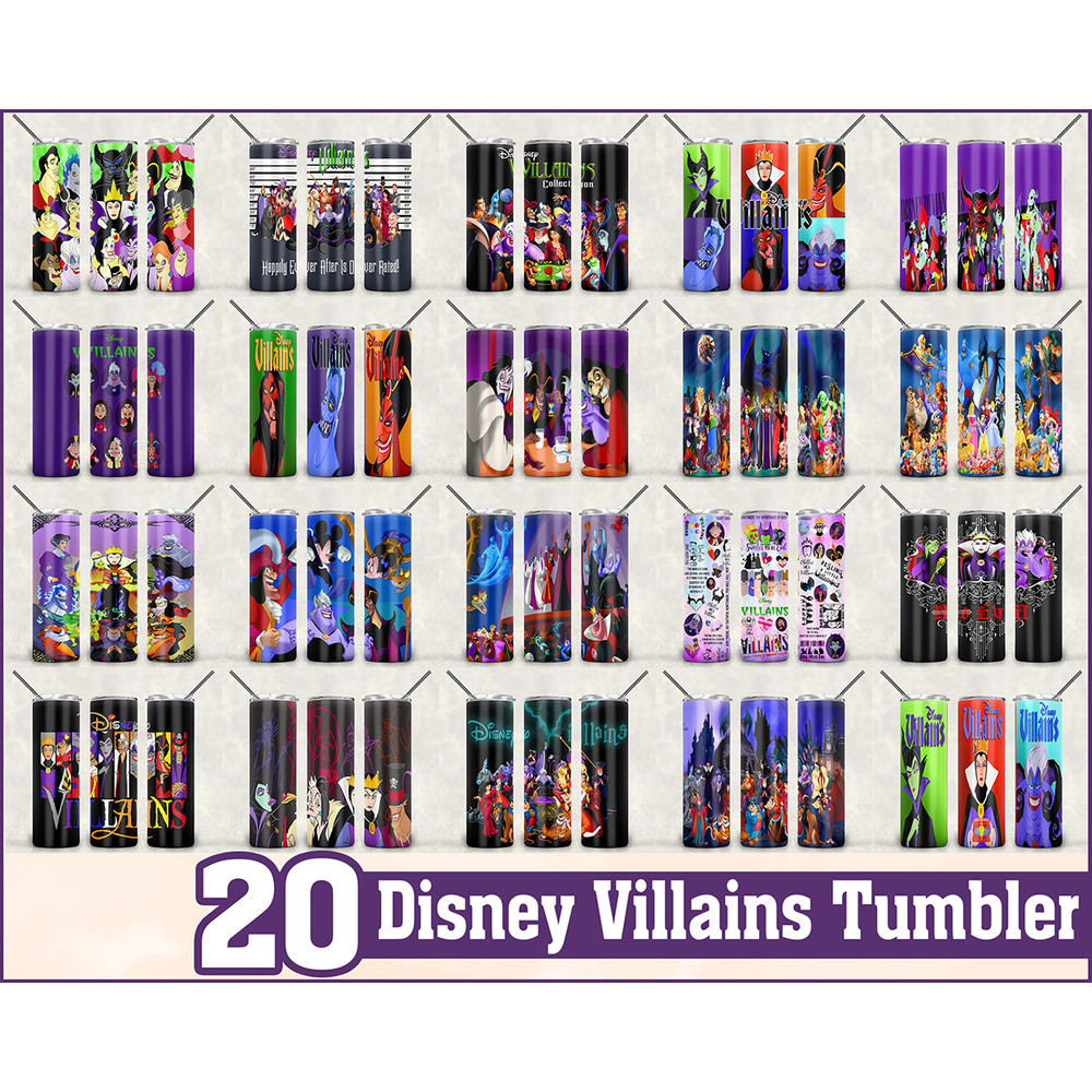 20 Disney Villains tumbler ,Tumblers Designs 20oz Skinny Straight & Tapered Bundle, Bundle Design Template for Sublimation, Full Tumbler Wrap, PNG Digital.jpg