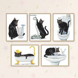 Black Cat Cross Stitch Pattern Set of 5, Bathroom Cross Stitch, Cat Lover Gift, Cat Embroidery, Funny Cat Cross Stitch