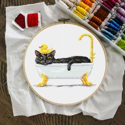 Black Cat Cross Stitch Pattern, Bathroom Cross Stitch, Cat Lover Gift, Cat Embroidery, Funny Cat Cross Stitch