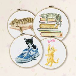 Kitten Cross Stitch Pattern Set of 4, Cat Cross Stitch, Cat Lover Gift, Cat Embroidery, Funny Cat Cross Stitch