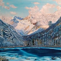 Mountain scenery Winter on the mountain picture 27*39 inch Mountain lake oil painting