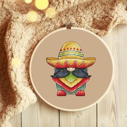 gnome mexican cross stitch pattern, gnom cross stitch chart, sombrero cross stitch pdf, modern cross stitch, digital pdf