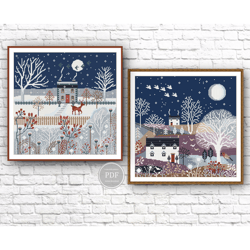 Cross Stitch Pattern PDF Winter Village, Set 2 Patterns, Scandinavian Primitive, Winter House Digital PDF306