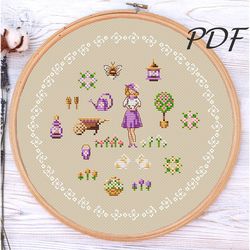 Cross stitch pattern pdf Garden sampler (primitive) cross stitch pattern pdf design for embroidery