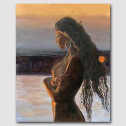 beautiful nude woman at sunset art original handmade acrylic painting wall art painting bedroom wall decor