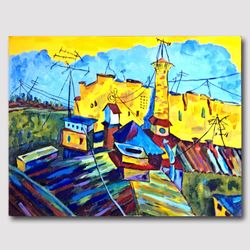 Rooftops of the Old City Sky and Sun Original handmade acrylic painting Cityscape Wall Art Painting Living room