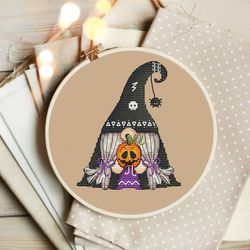gnome wizard cross stitch pattern, cross stitch halloween gnome, pumpkin cross stitch, spider cross stitch, digital pdf