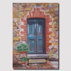 Turquoise door in an ancient brick wall Original handmade pastel painting Crayon painting Cityscape Wall Art