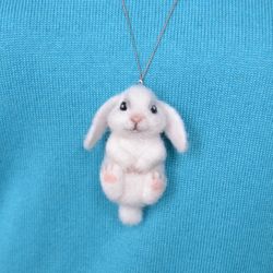 White bunny brooch necklace pendant for women Needle felted cute bunny figurine Handmade bunny jewelry