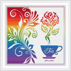 Cross stitch pattern Kitchen cup Tea aroma rose rainbow floral ornament panel drink counted crossstitch patterns PDF