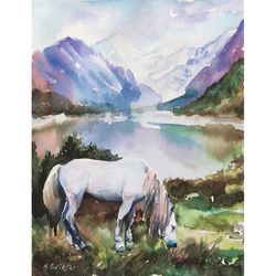 Lake Tahoe Painting Sierra Nevada Watercolor Original Art Horse Painting Mountains Artwork by SviksArtPainting