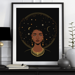 Black woman with stars art, printable poster, black girl art, black woman with stars in her hair, boho wall art, digital