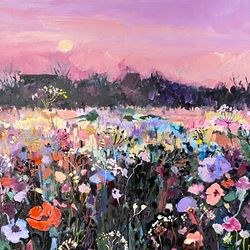 oil painting with landscape Flowers fields Abstract landscape art  galainart Interior paintin Wall decor painting gift
