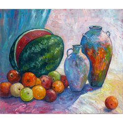 Watermelon Painting Still Life Original Art Impressionist Art Impasto Artwork Fruits Painting 24"x20" by Ksenia De