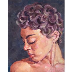 Curly Girl Painting Woman Portrait Artwork Oil On Panel 11x14 Inch Female Art