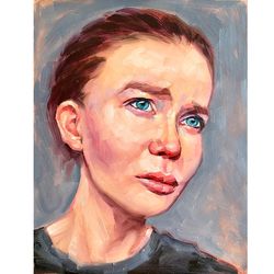 Sad Girl Painting Woman Portrait Artwork Oil On Panel 11x14 Inch Female Art