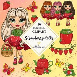 Adorable strawberry girl clipart, strawberry doll clipart, berry clipart, berry planner sticker, girl doll  illustration