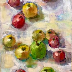 apples on a white tablecloth wall art oil painting on board 5*8 inch