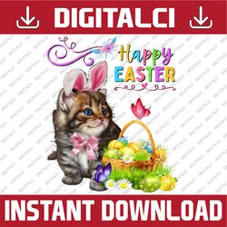 cute kitten happy easter cat bunny ears & eggs easter day png, happy easter day sublimation design