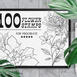 100 flower stamps for procreate, procreate flowers, tattoo floral stamps for procreate, digital brushes flowers & plants